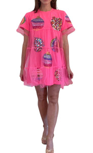 Women's Neon Pink Mesh Overlay Ornament Dress