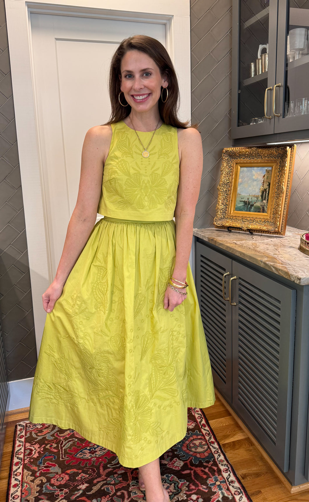 Women’s Lime Embroidered Top & Skirt Set