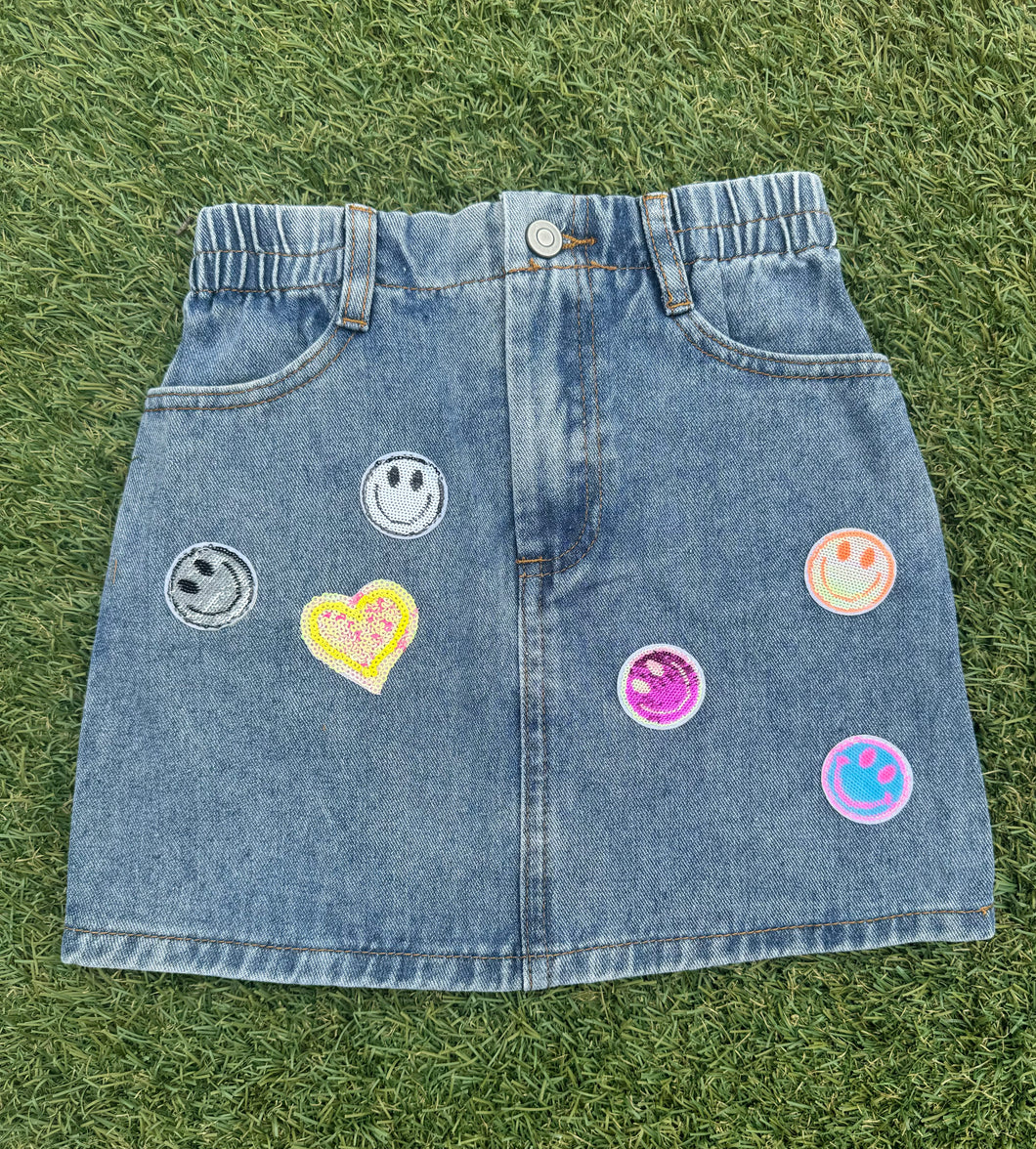 Sequin Patch Jean Skirt