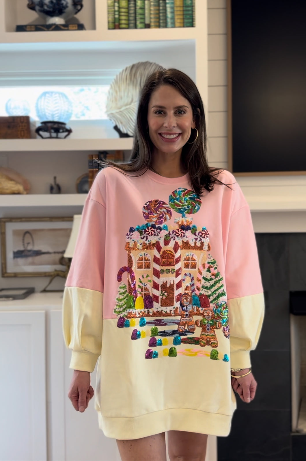 Women’s Light Pink/Beige Gingerbread House Scene Sweatshirt Dress