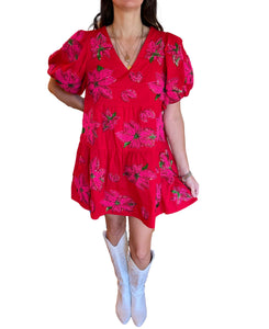 Women’s Red Poinsettia Poof Sleeve Dress