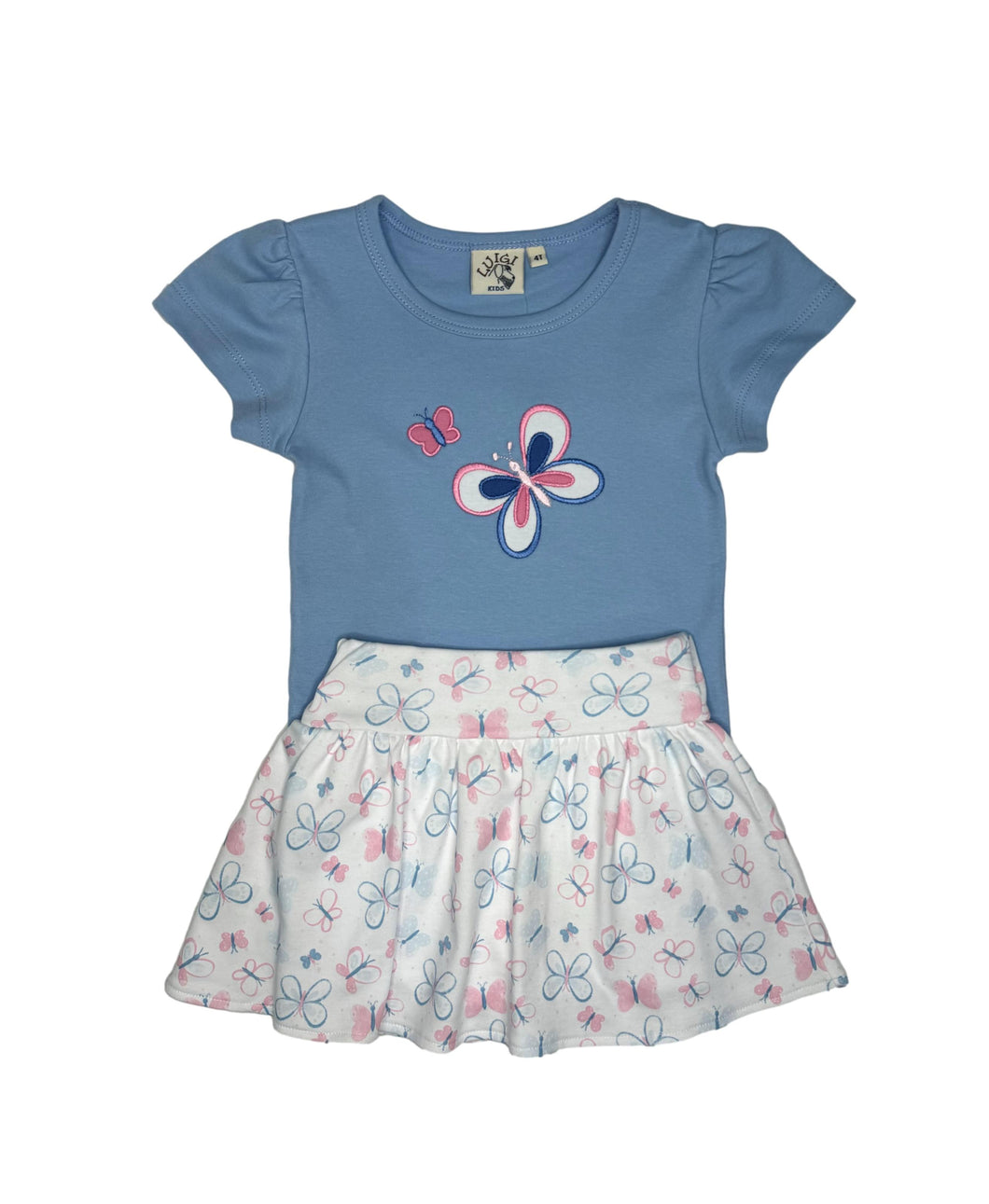 Sky Blue Butterflies Knit Shirt w/ White Butterfly Skort Set