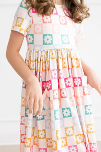 Flower Checkmate Short Sleeve Twirl Dress