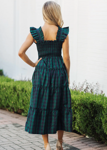 Women's Joyce Ruffle Strap Midi Dress- Hunter Green Gingham