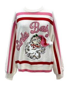 Women's Red, Pink & White Stripe 'Santa Baby' Fuzzy Santa Sweater