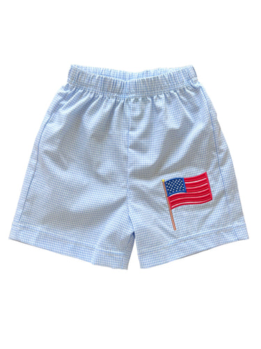 Blue gingham shorts with flag appliqué