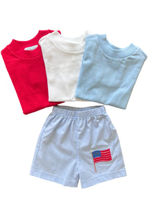 Blue gingham shorts with flag appliqué
